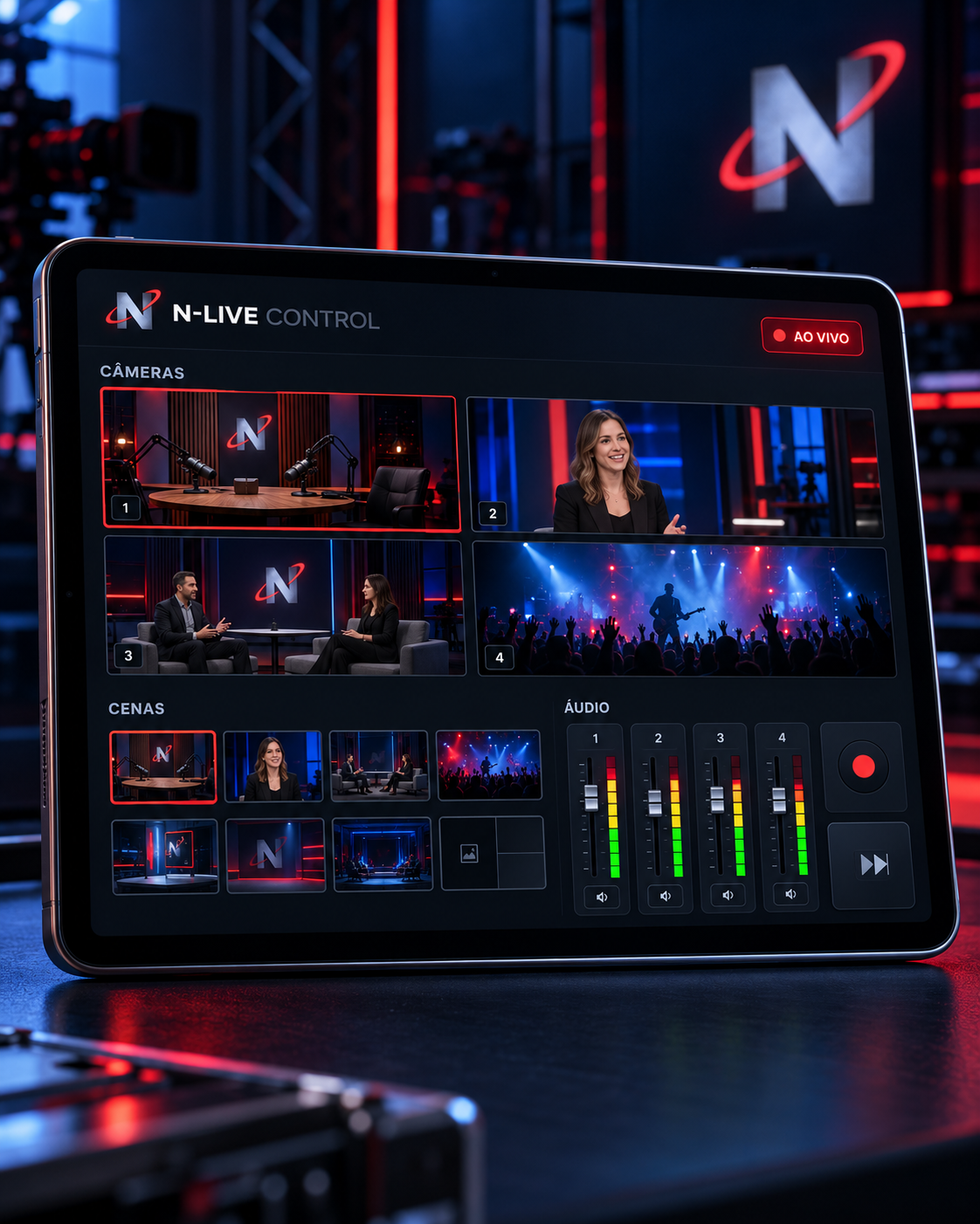 Ilustração cinematográfica de um tablet com o painel N-LIVE CONTROL, cenas, câmeras e medidores de áudio
